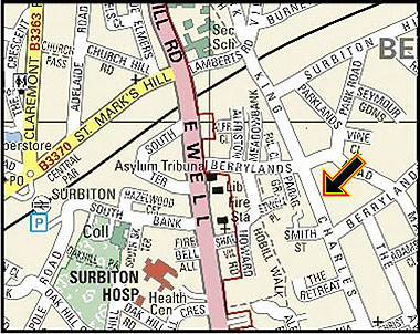 Map of how to get to the Church Hall in Surbiton